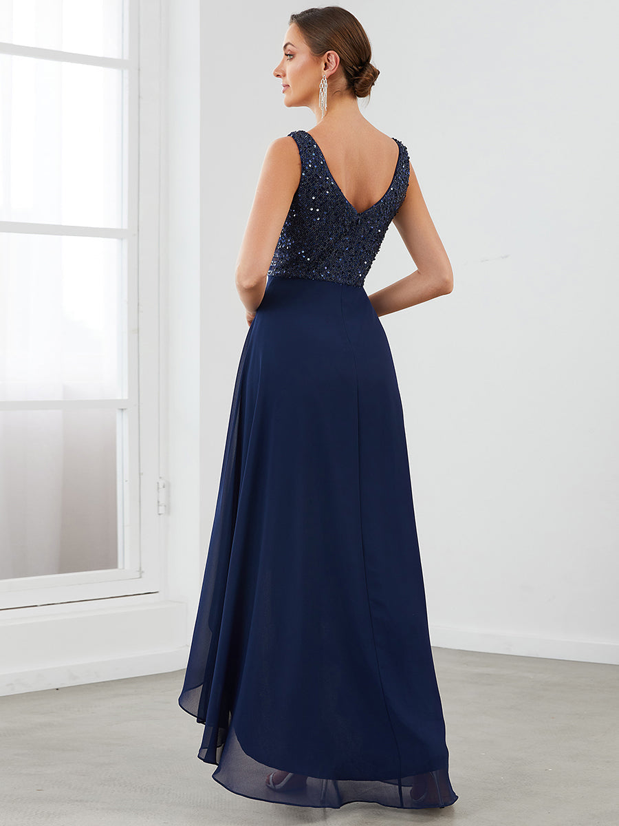 Color=Navy Blue | Elegant Paillette & Chiffon V-Neck A-Line Sleeveless Plus Size Evening Dresses-Navy Blue 2