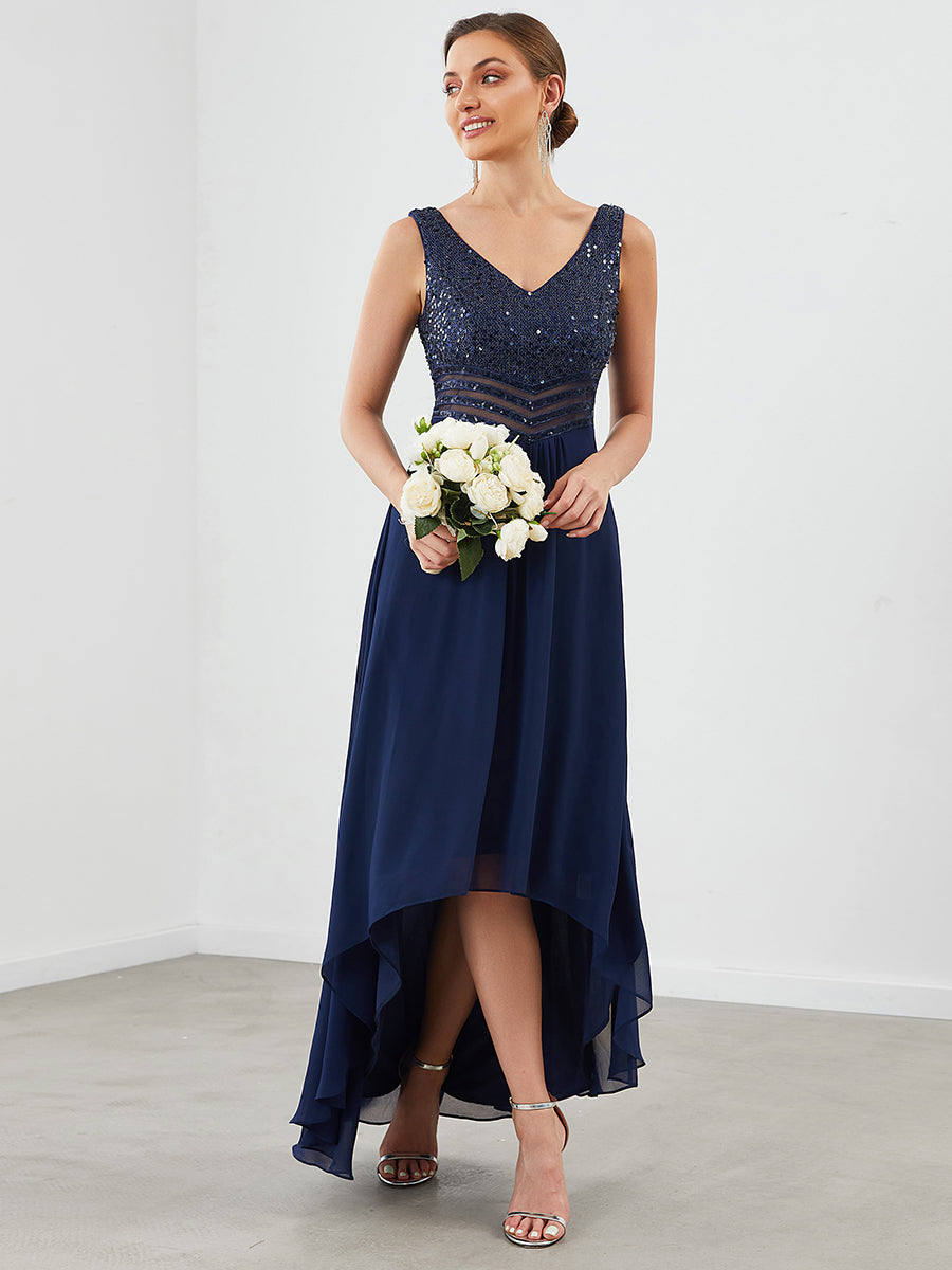 Color=Navy Blue | Elegant Paillette & Chiffon V-Neck A-Line Sleeveless Plus Size Evening Dresses-Navy Blue 4