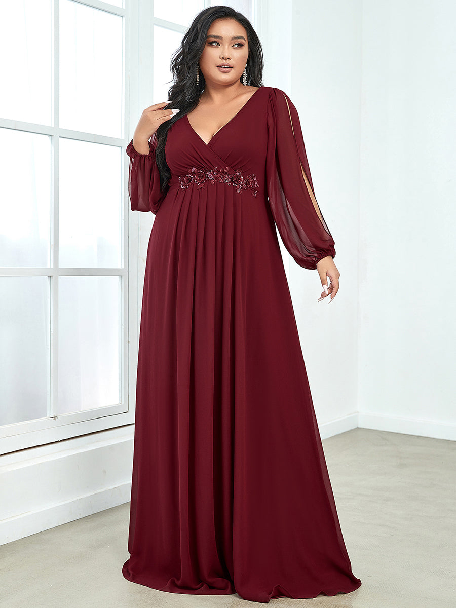 Color=Burgundy | Wholesale Chiffon Plus Size Evening Dresses With Long Lantern Sleeves-Burgundy 1