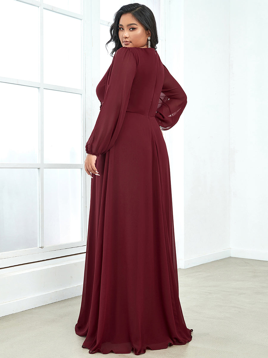 Color=Burgundy | Wholesale Chiffon Plus Size Evening Dresses With Long Lantern Sleeves-Burgundy 2