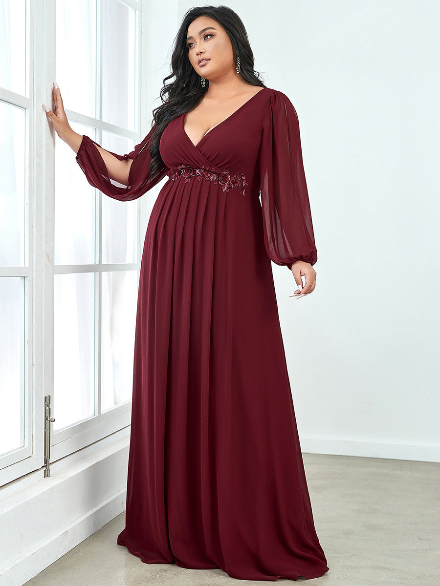 Color=Burgundy | Wholesale Chiffon Plus Size Evening Dresses With Long Lantern Sleeves-Burgundy 3