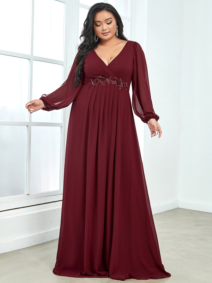 Color=Burgundy | Wholesale Chiffon Plus Size Evening Dresses With Long Lantern Sleeves-Burgundy 4