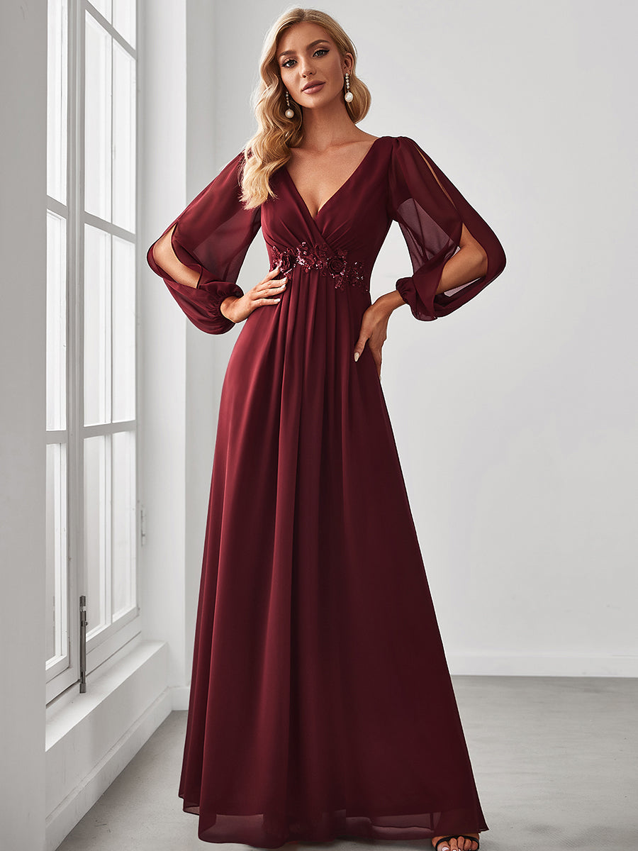Color=Burgundy | Floor Length Long Lantern Sleeves Wholesale Formal Dresses-Burgundy 1