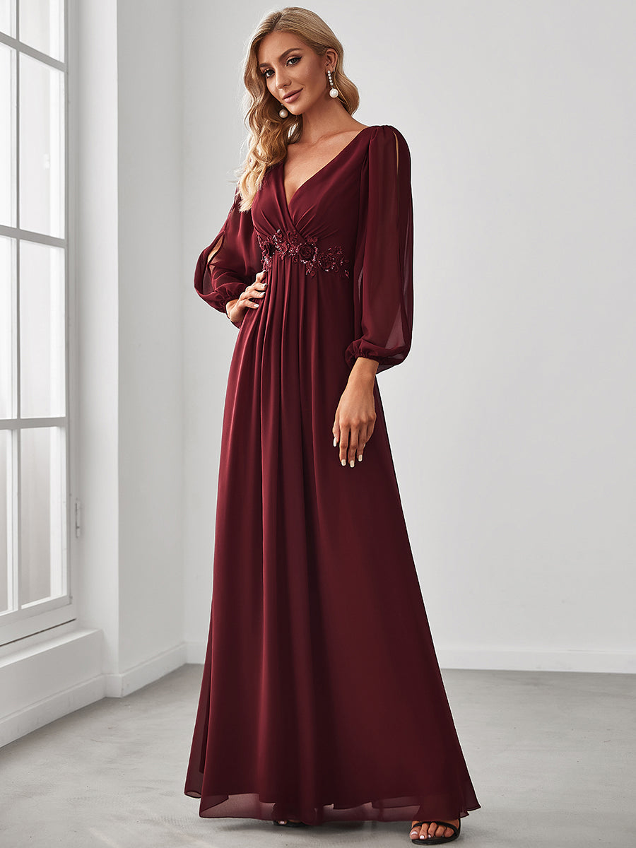 Color=Burgundy | Floor Length Long Lantern Sleeves Wholesale Formal Dresses-Burgundy 3