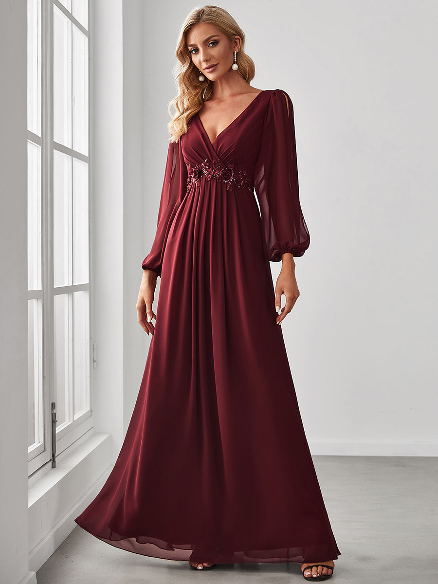 Color=Burgundy | Floor Length Long Lantern Sleeves Wholesale Formal Dresses-Burgundy 4