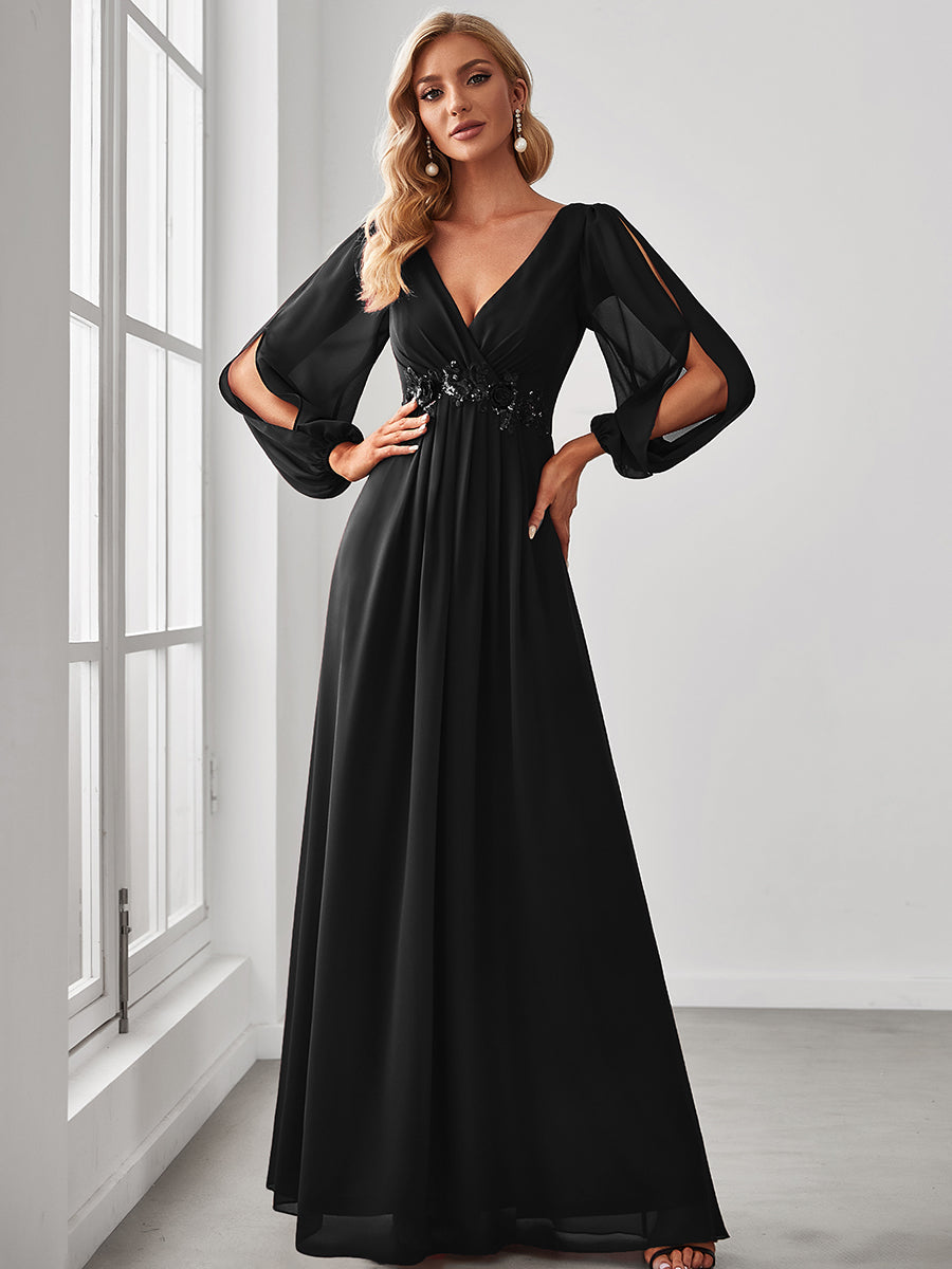Color=Black | Floor Length Long Lantern Sleeves Wholesale Formal Dresses-Black 1