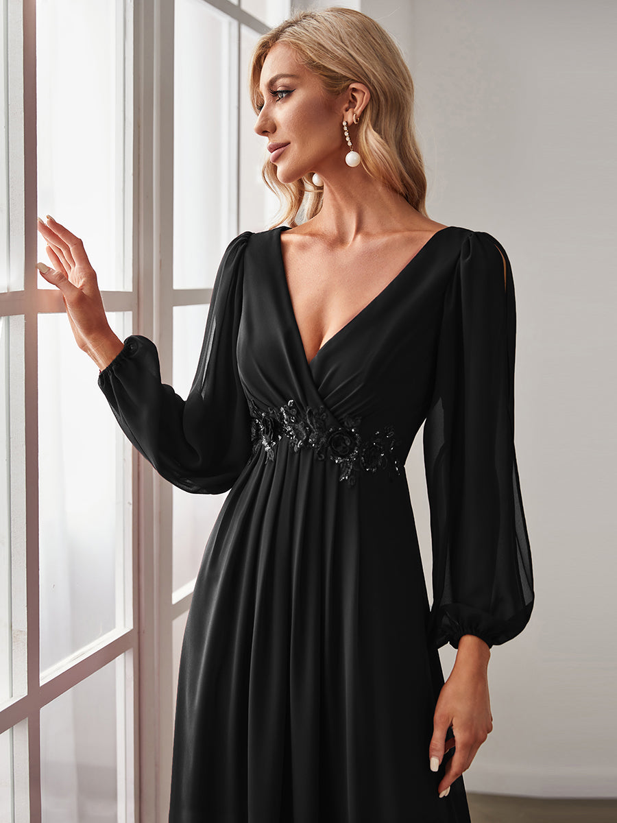 Color=Black | Floor Length Long Lantern Sleeves Wholesale Formal Dresses-Black 5