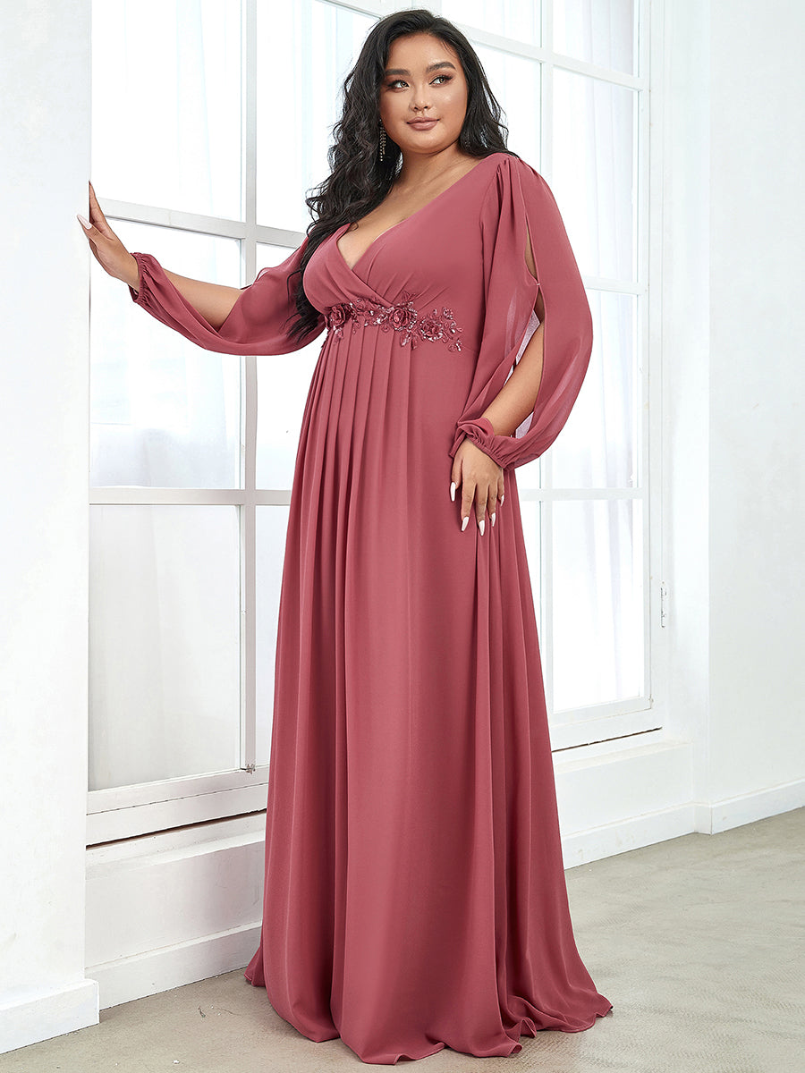 Color=Cameo Brown | Wholesale Chiffon Plus Size Evening Dresses With Long Lantern Sleeves-Cameo Brown 1