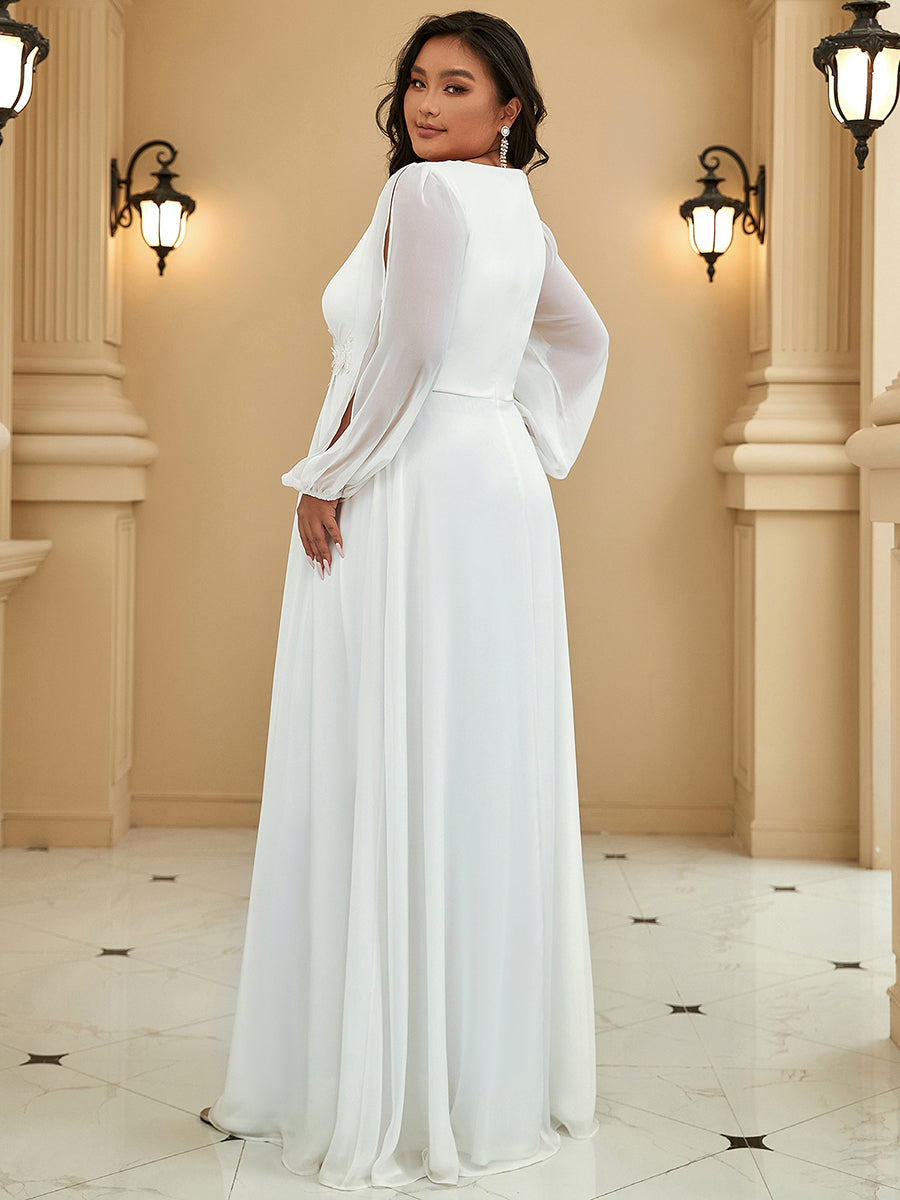 Color=Cream | Wholesale Chiffon Plus Size Evening Dresses With Long Lantern Sleeves-Cream 2