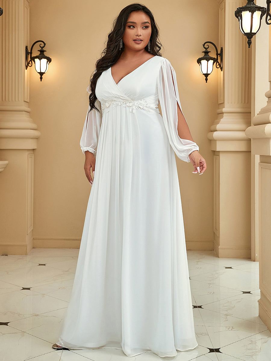 Color=Cream | Wholesale Chiffon Plus Size Evening Dresses With Long Lantern Sleeves-Cream 3