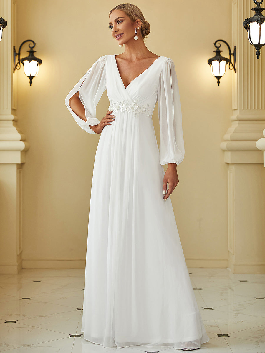 Color=Cream | Floor Length Long Lantern Sleeves Wholesale Formal Dresses-Cream 1