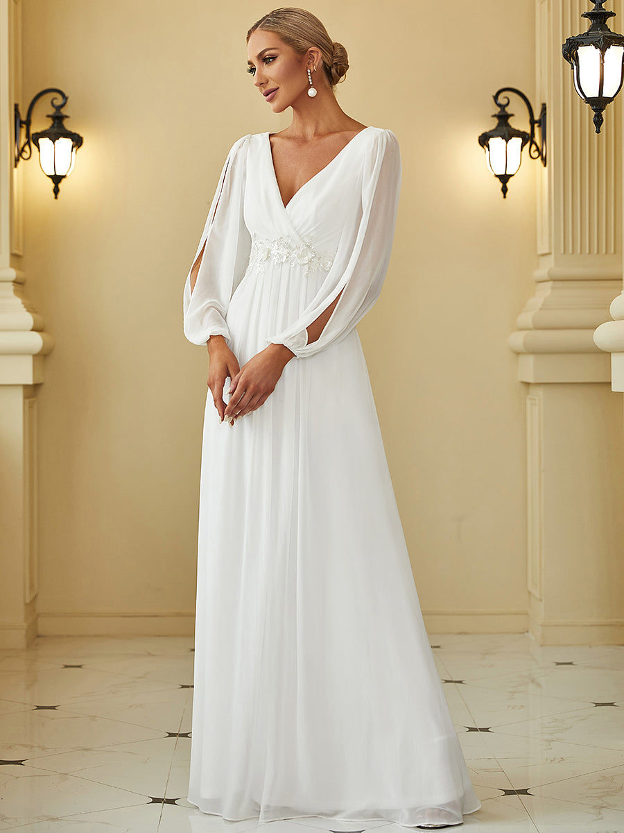 Color=Cream | Floor Length Long Lantern Sleeves Wholesale Formal Dresses-Cream 3
