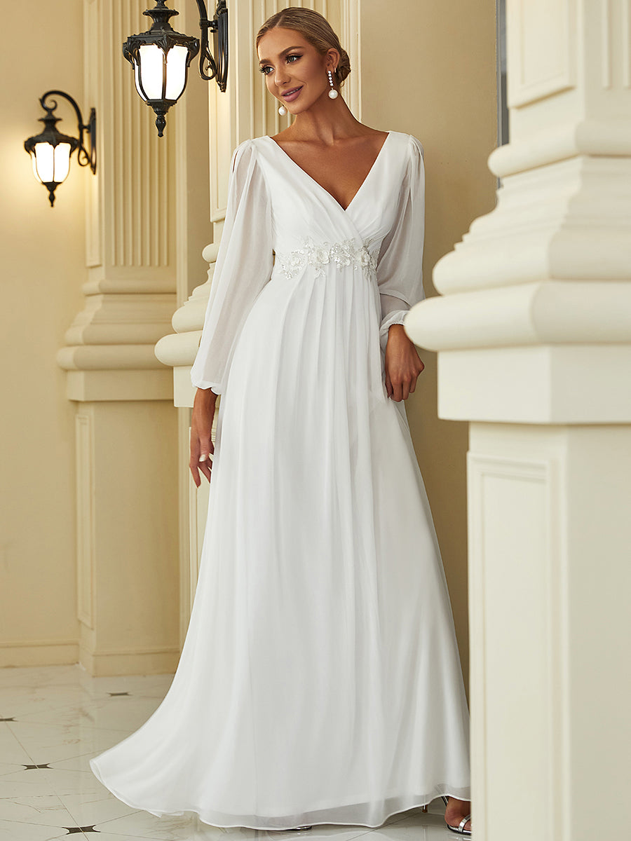 Color=Cream | Floor Length Long Lantern Sleeves Wholesale Formal Dresses-Cream 4