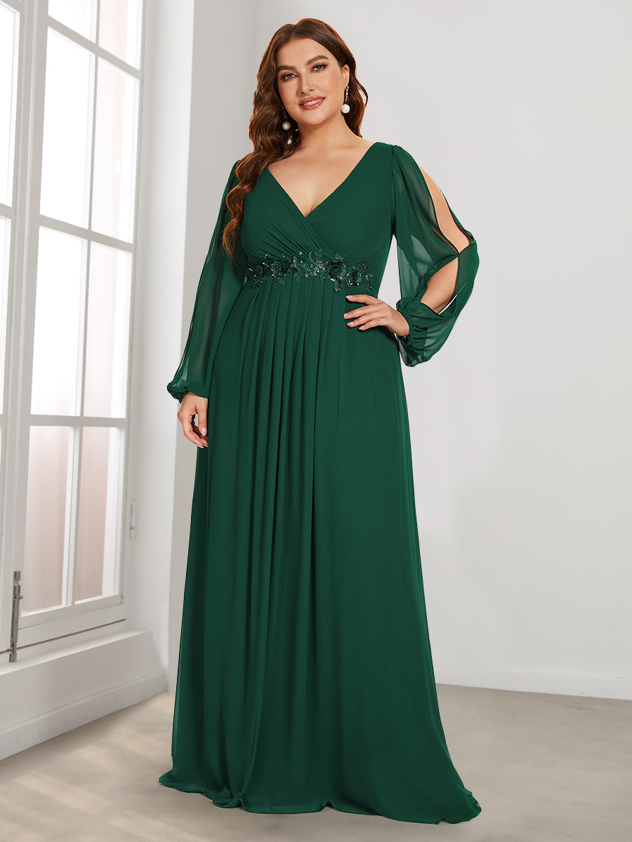 Color=Dark Green | Wholesale Chiffon Plus Size Evening Dresses With Long Lantern Sleeves-Dark Green 1