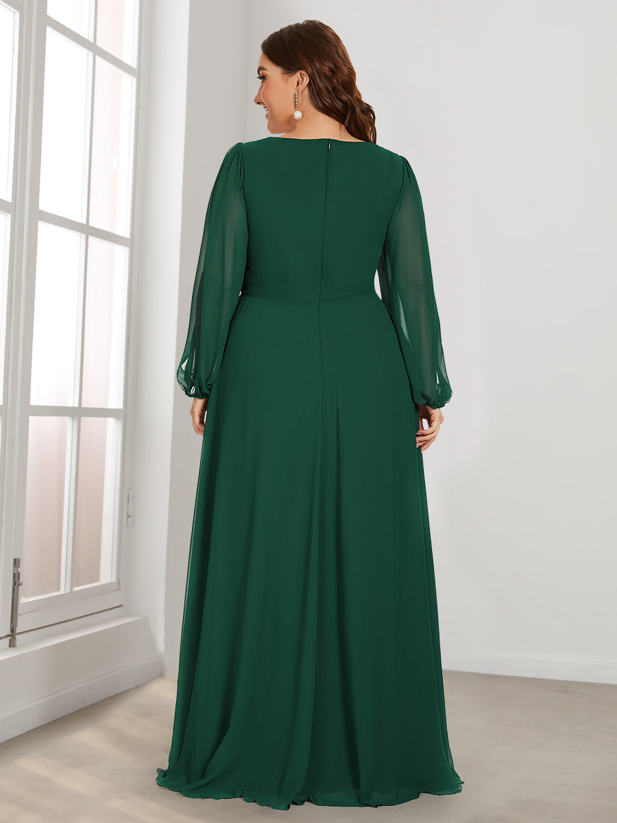 Color=Dark Green | Wholesale Chiffon Plus Size Evening Dresses With Long Lantern Sleeves-Dark Green 2