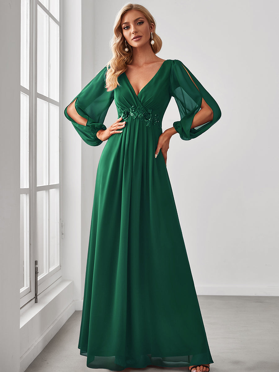Color=Dark Green | Floor Length Long Lantern Sleeves Wholesale Formal Dresses-Dark Green 1