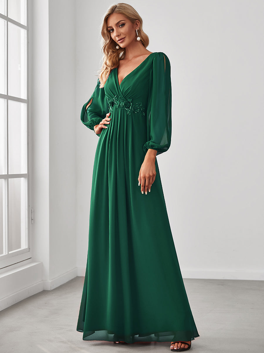 Color=Dark Green | Floor Length Long Lantern Sleeves Wholesale Formal Dresses-Dark Green 3