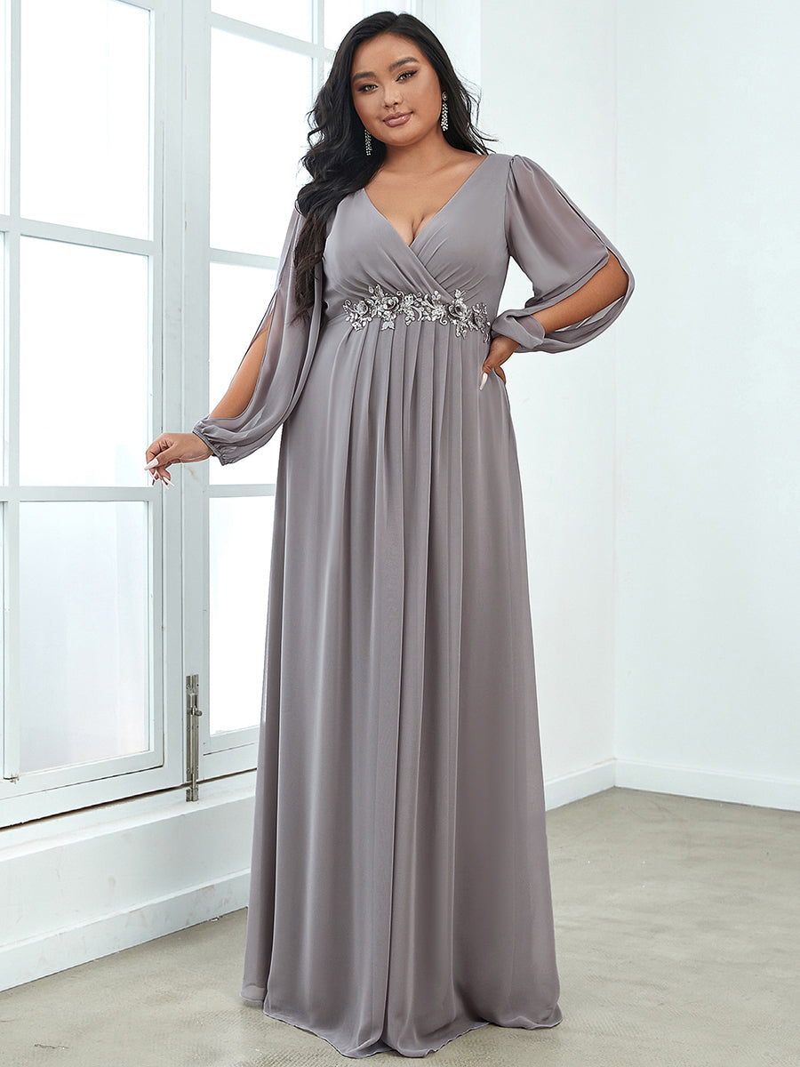 Color=Grey | Wholesale Chiffon Plus Size Evening Dresses With Long Lantern Sleeves-Grey 1