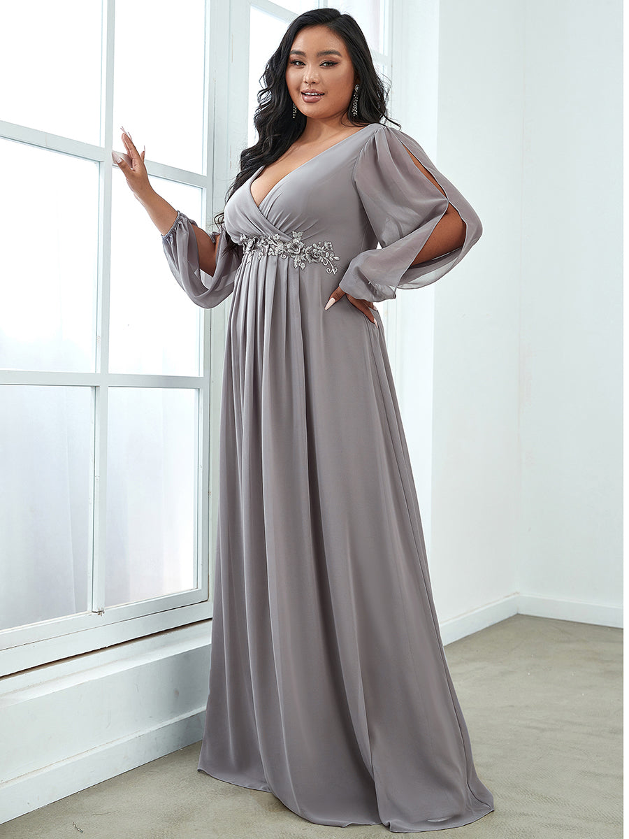 Color=Grey | Wholesale Chiffon Plus Size Evening Dresses With Long Lantern Sleeves-Grey 3