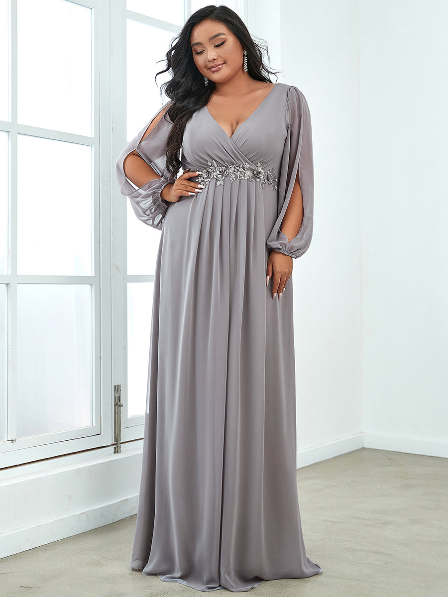 Color=Grey | Wholesale Chiffon Plus Size Evening Dresses With Long Lantern Sleeves-Grey 4