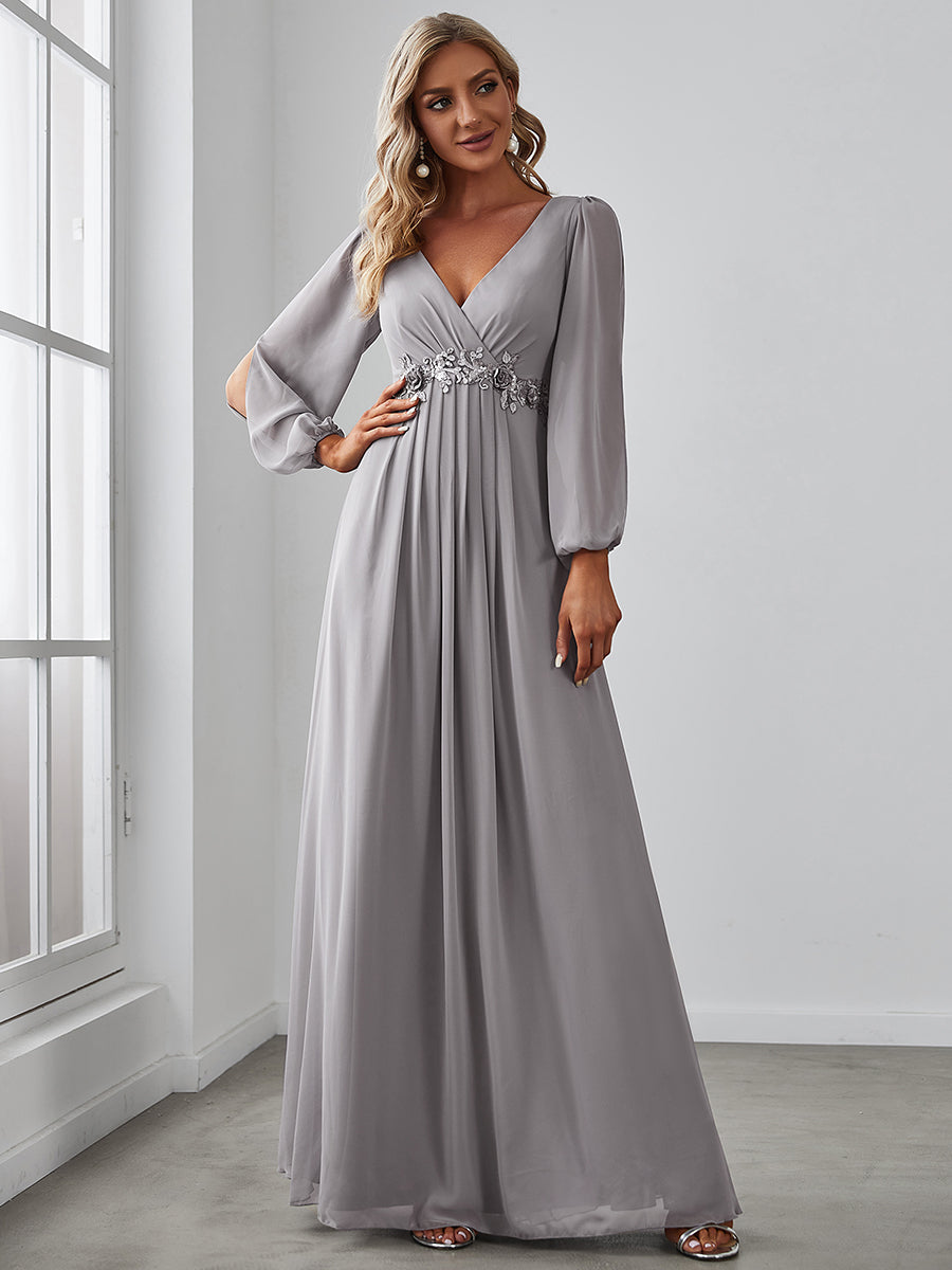 Color=Grey | Floor Length Long Lantern Sleeves Wholesale Formal Dresses-Grey 1