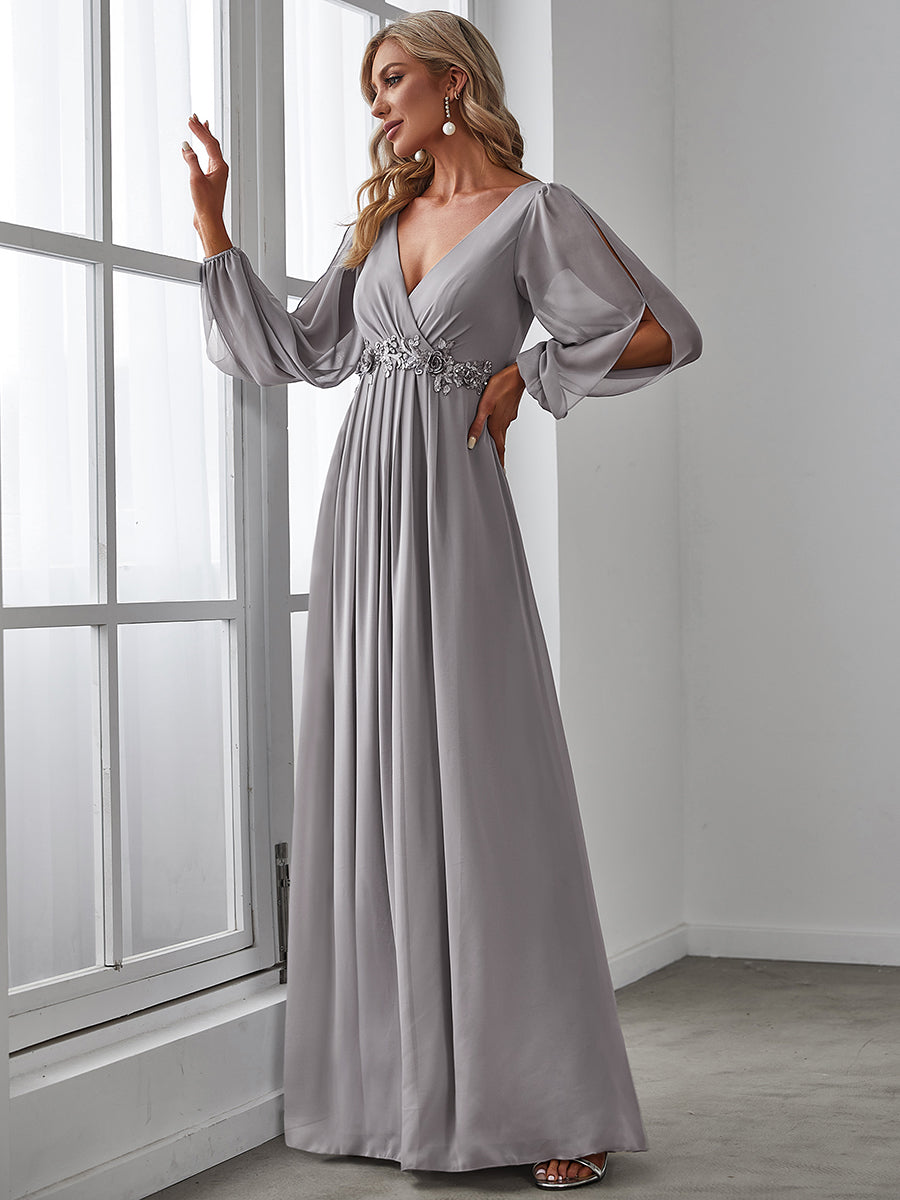Color=Grey | Floor Length Long Lantern Sleeves Wholesale Formal Dresses-Grey 3