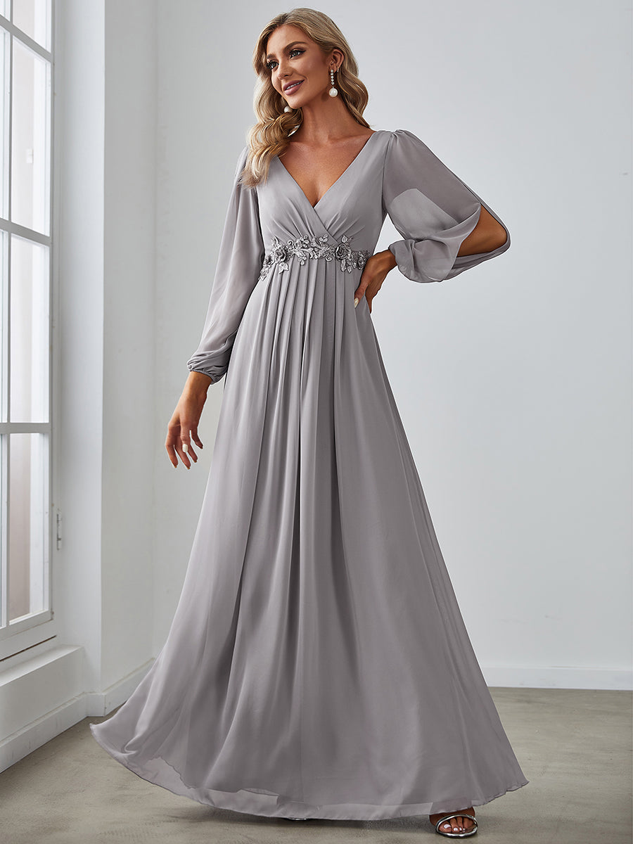 Color=Grey | Floor Length Long Lantern Sleeves Wholesale Formal Dresses-Grey 4