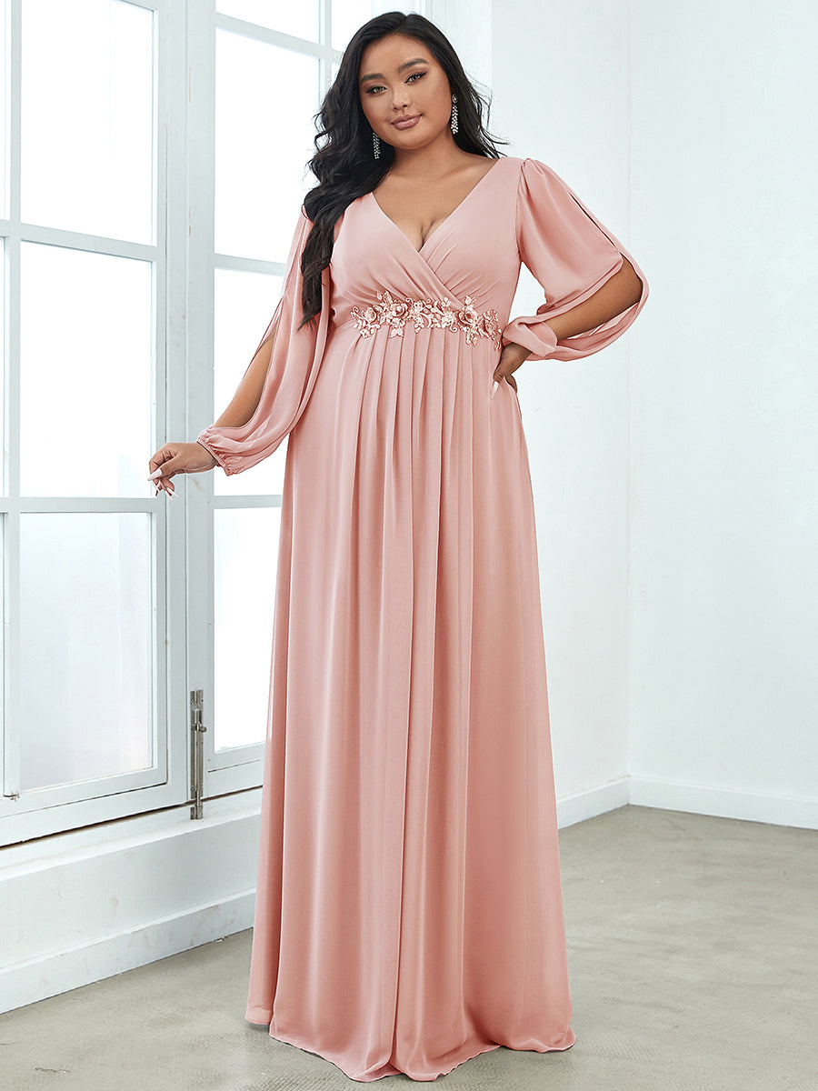 Color=Pink | Wholesale Chiffon Plus Size Evening Dresses With Long Lantern Sleeves-Pink 1