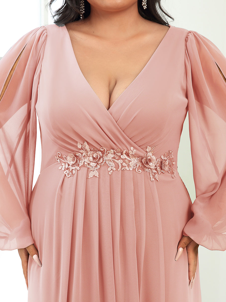 Color=Pink | Wholesale Chiffon Plus Size Evening Dresses With Long Lantern Sleeves-Pink 5