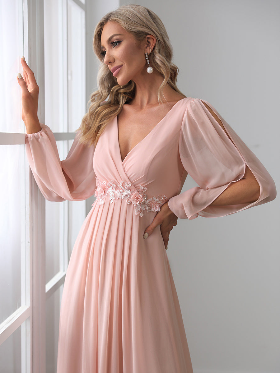 Color=Pink | Floor Length Long Lantern Sleeves Wholesale Formal Dresses-Pink 5