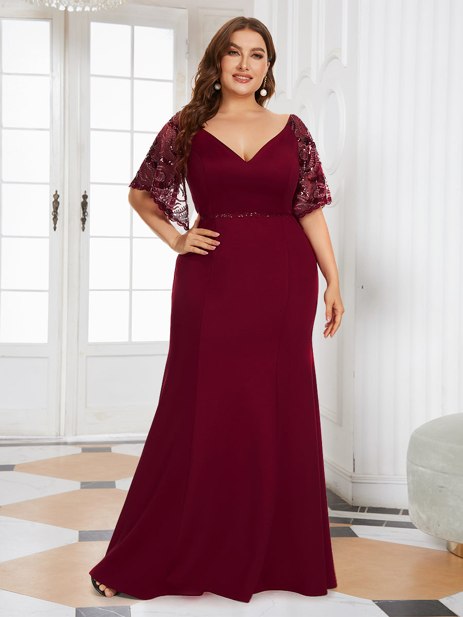 Color=Burgundy | Elegant Plus Size V Neck Fishtail Evening Dress Wholesale-Burgundy 1
