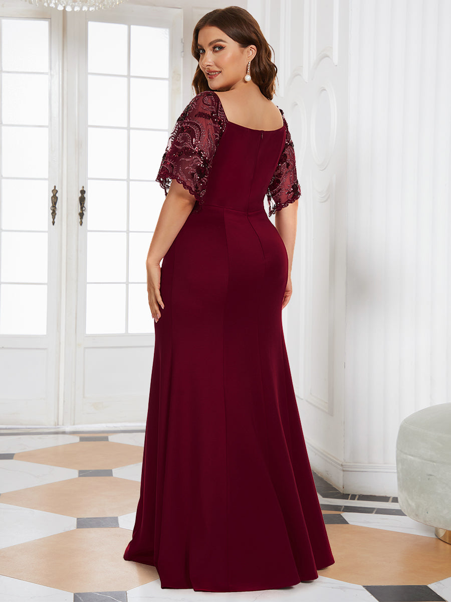 Color=Burgundy | Elegant Plus Size V Neck Fishtail Evening Dress Wholesale-Burgundy 2
