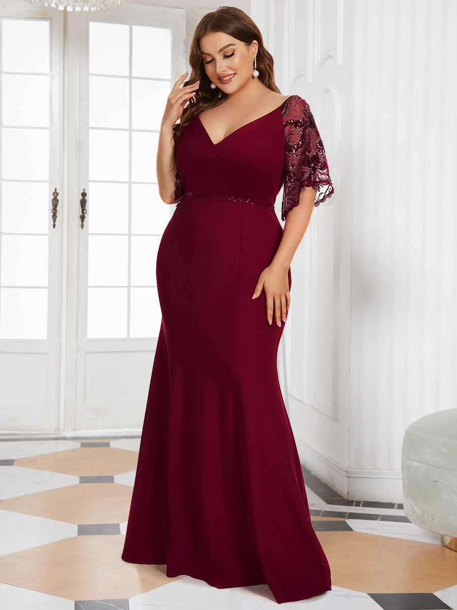 Color=Burgundy | Elegant Plus Size V Neck Fishtail Evening Dress Wholesale-Burgundy 3
