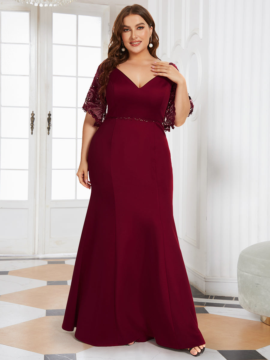 Color=Burgundy | Elegant Plus Size V Neck Fishtail Evening Dress Wholesale-Burgundy 4