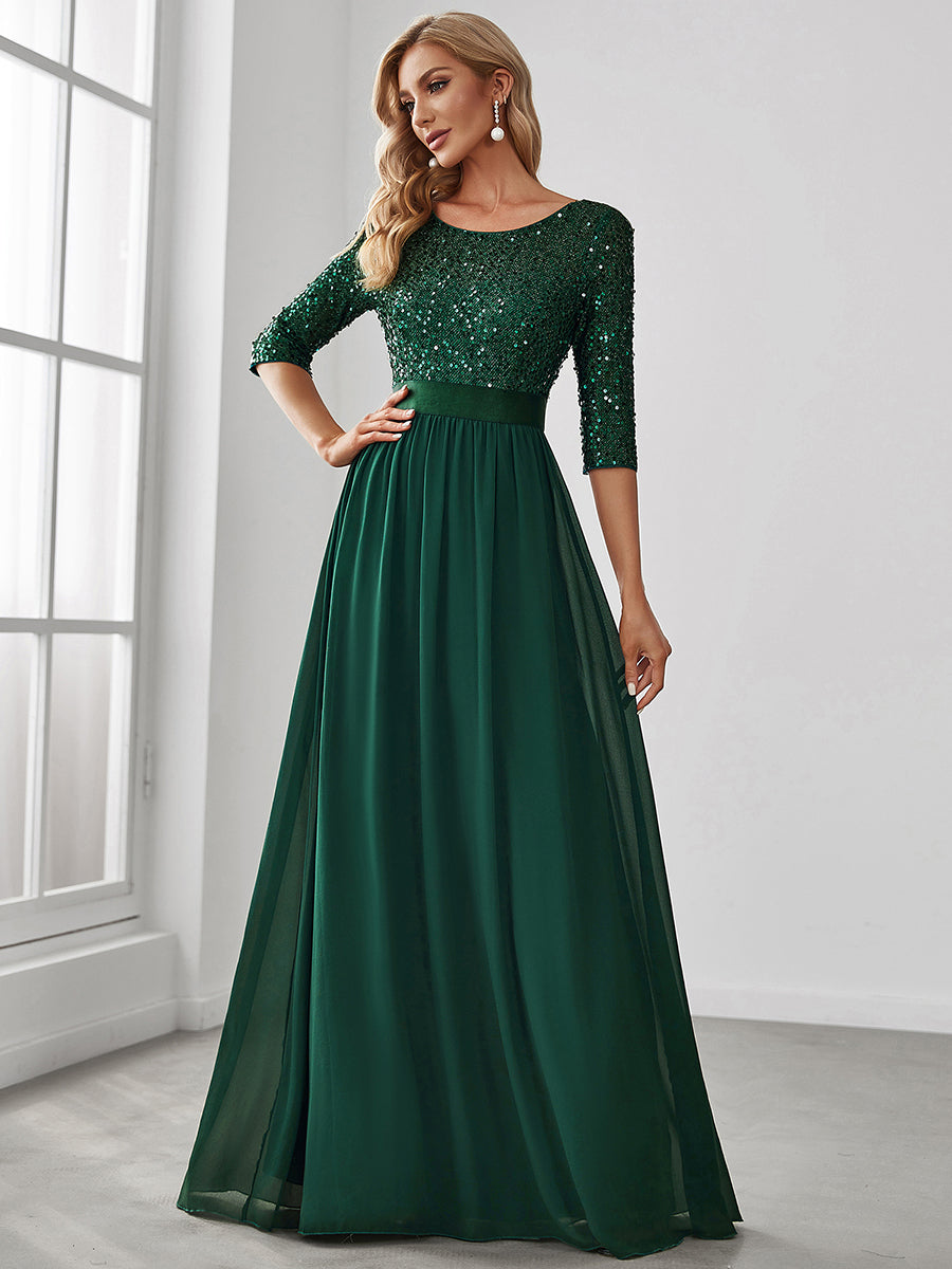 Color=Dark Green | Elegant Round Neckline 3/4 Sleeve Sequins Patchwork Evening Dress-Dark Green 1