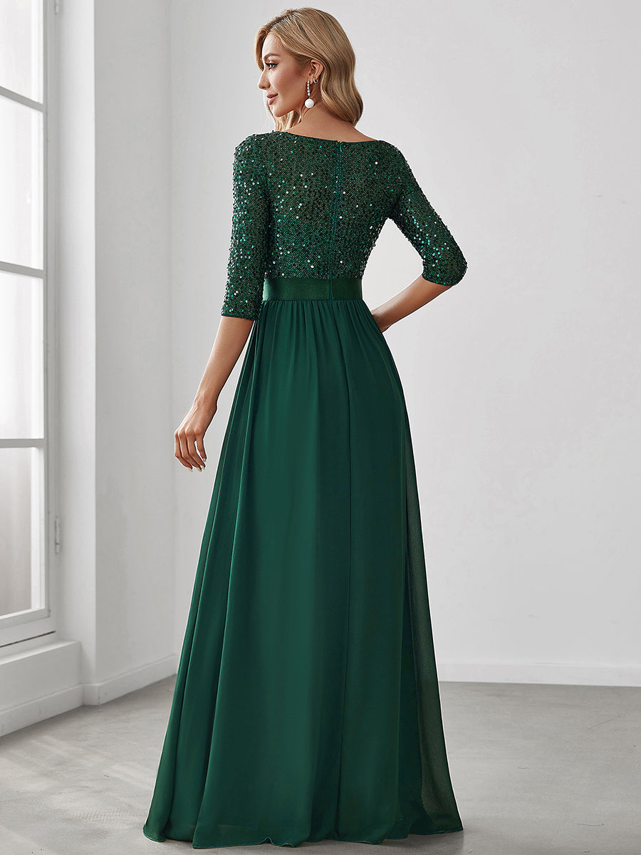 Color=Dark Green | Elegant Round Neckline 3/4 Sleeve Sequins Patchwork Evening Dress-Dark Green 2