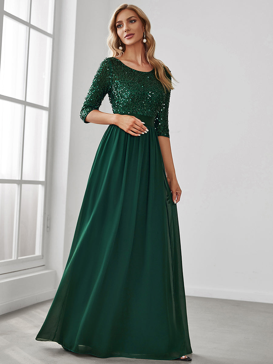 Color=Dark Green | Elegant Round Neckline 3/4 Sleeve Sequins Patchwork Evening Dress-Dark Green 3