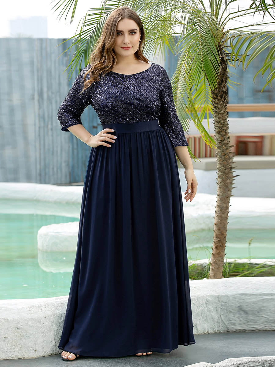 Color=Navy Blue | Long Tulle & Sequin Wholesale Evening Dresses for Mother of the Bride-Navy Blue 1