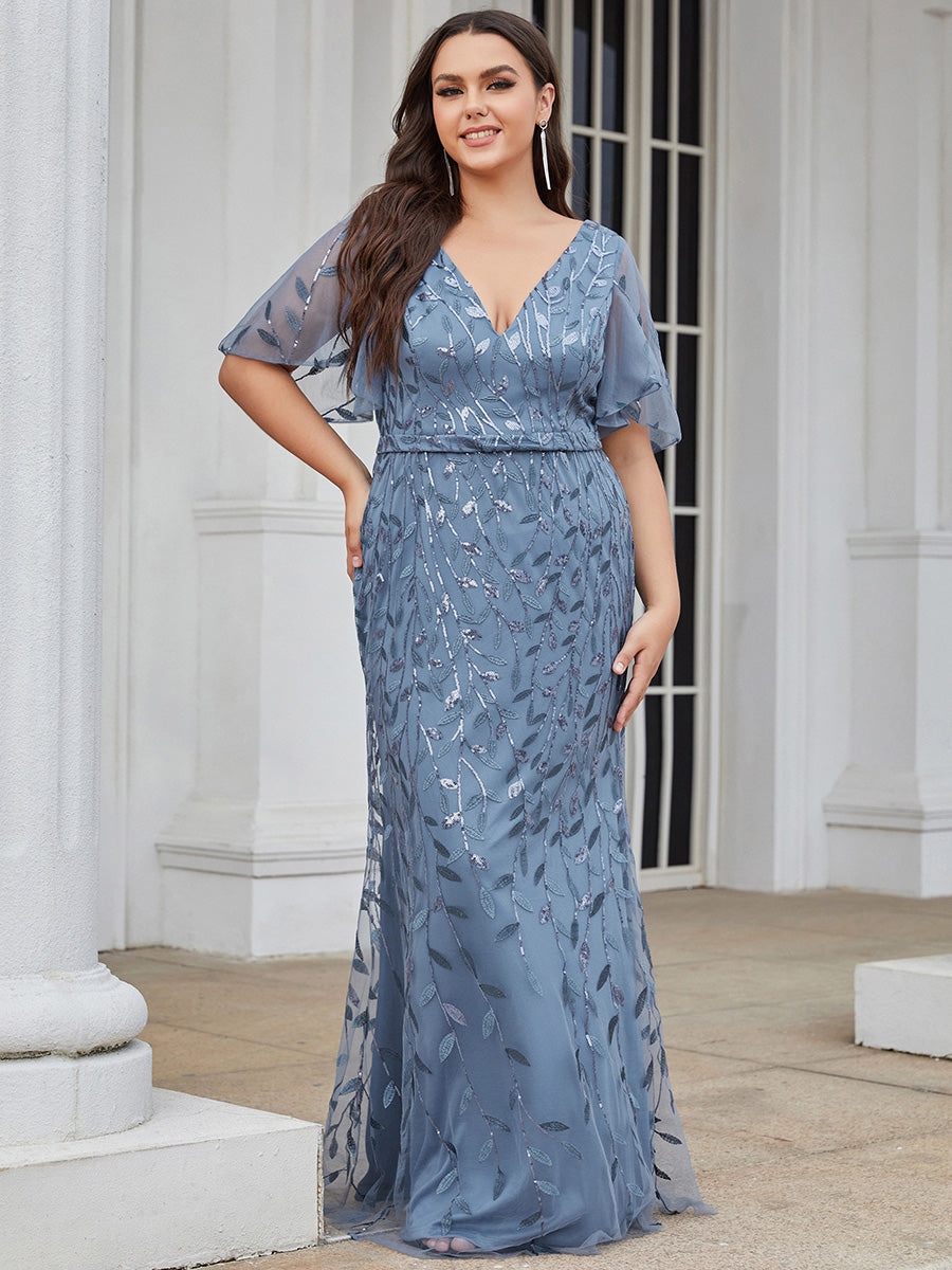 Color=Dusty Blue | Fashion Plus Size V Neck Mermaid Wholesale Sequin & Tulle Dress-Dusty Blue 1