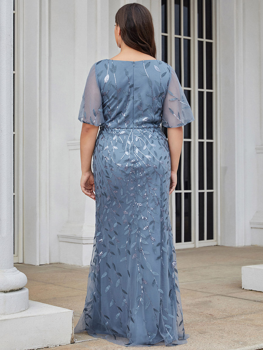 Color=Dusty Navy | Fashion Plus Size V Neck Mermaid Wholesale Sequin & Tulle Dress-Dusty Navy 2