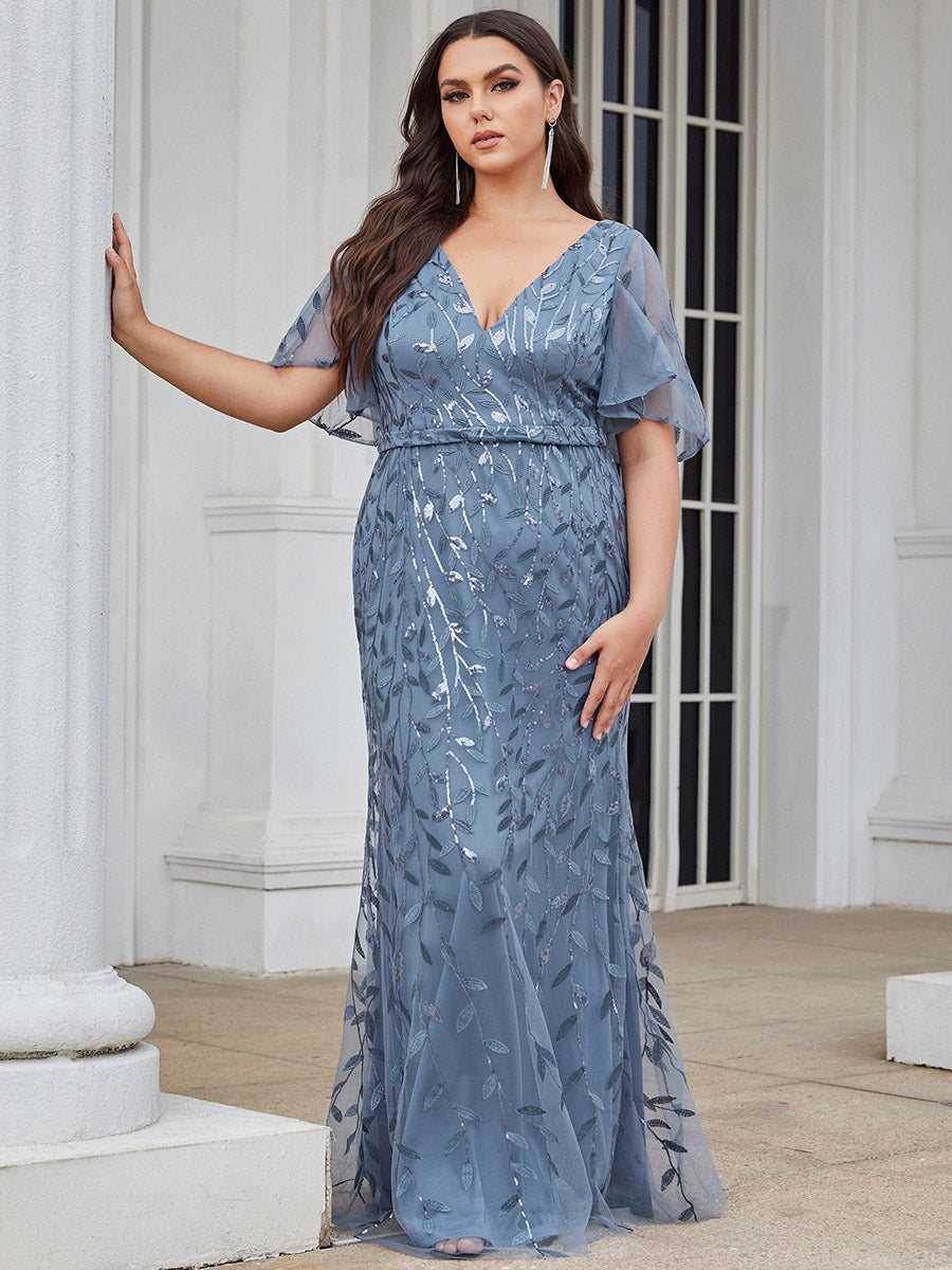 Color=Dusty Navy | Fashion Plus Size V Neck Mermaid Wholesale Sequin & Tulle Dress-Dusty Navy 4