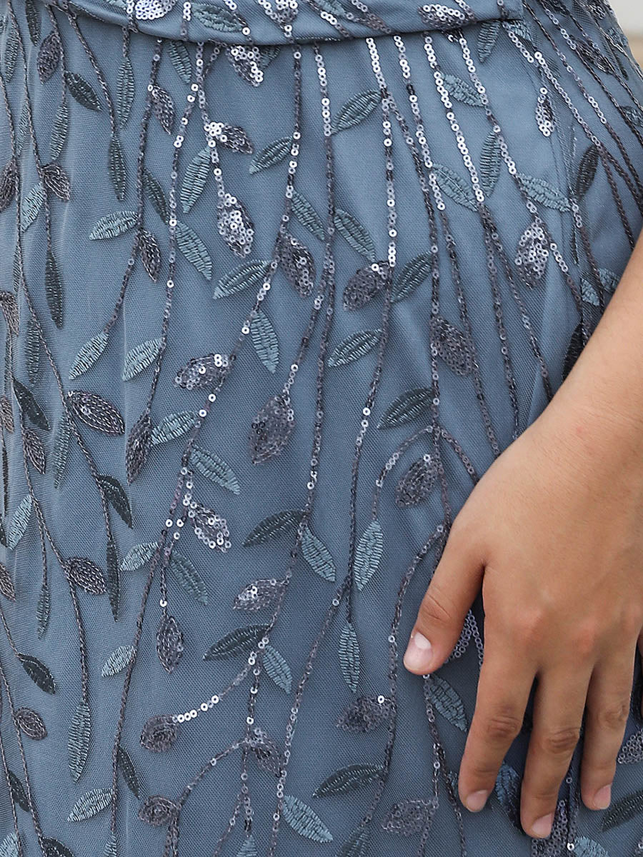 Color=Dusty Navy | Fashion Plus Size V Neck Mermaid Wholesale Sequin & Tulle Dress-Dusty Navy 5
