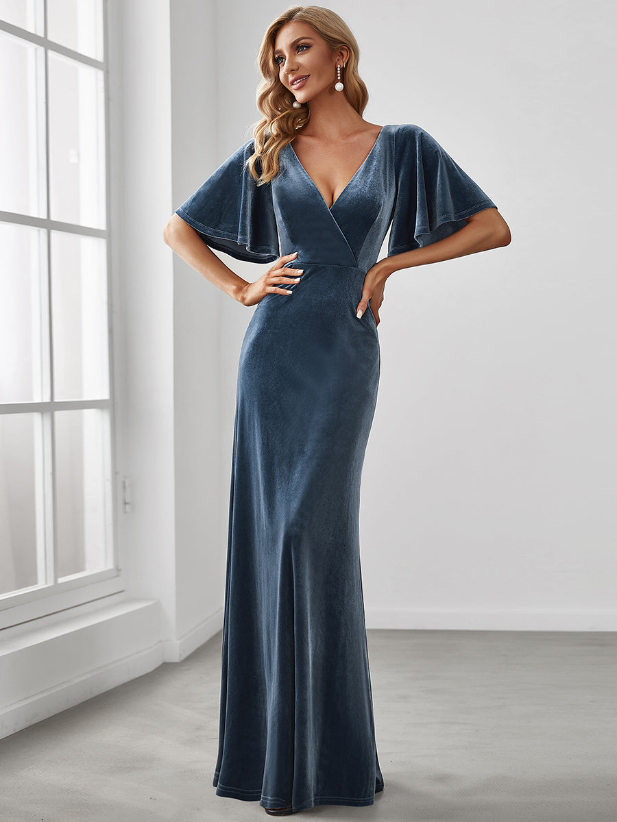Color=Dusty Blue | Elegant Double V Neck Velvet Party Dress-Dusty Blue 1