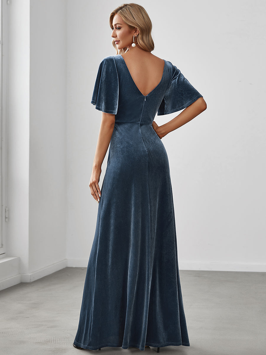 Color=Dusty Navy | Elegant Double V Neck Velvet Party Dress-Dusty Navy 2