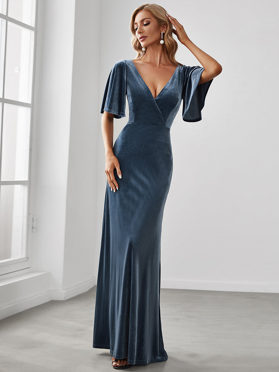 Color=Dusty Navy | Elegant Double V Neck Velvet Party Dress-Dusty Navy 3