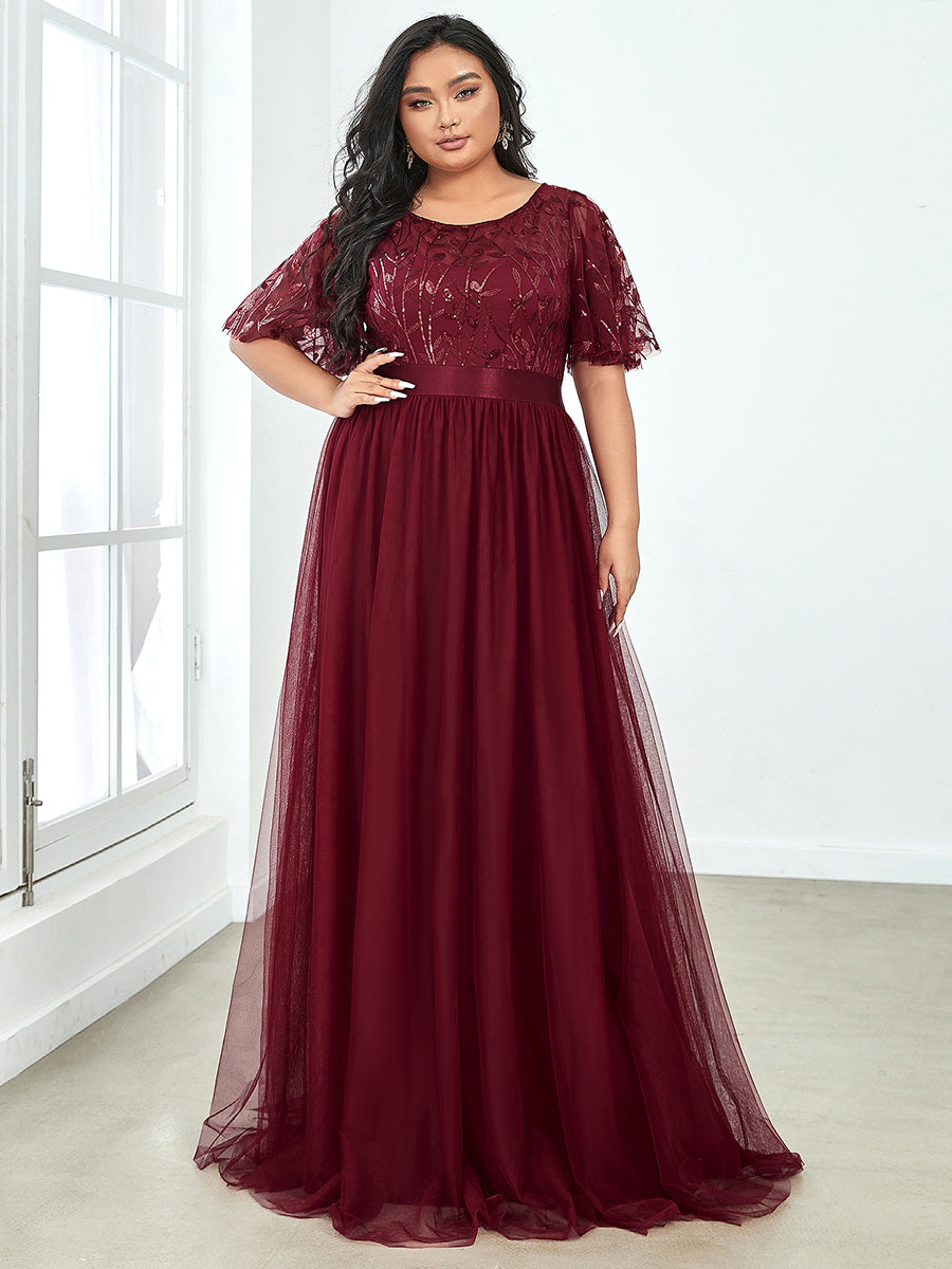 Color=Burgundy | Sequin Print Plus Size Wholesale Evening Dresses With Cap Sleeve-Burgundy 1