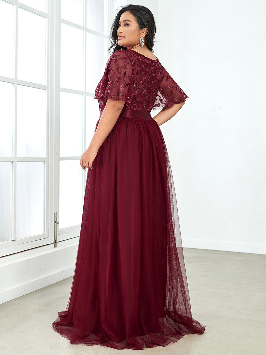 Color=Burgundy | Sequin Print Plus Size Wholesale Evening Dresses With Cap Sleeve-Burgundy 2