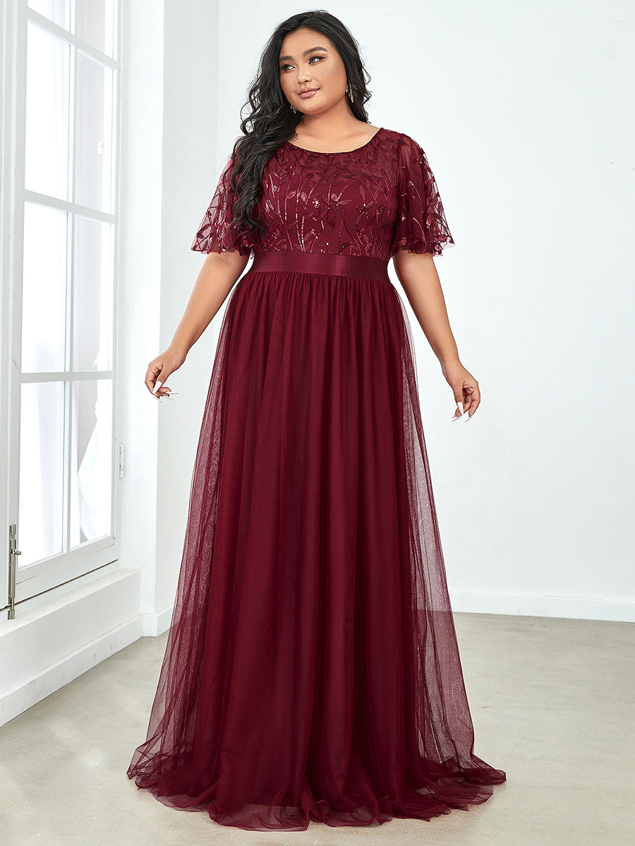 Color=Burgundy | Sequin Print Plus Size Wholesale Evening Dresses With Cap Sleeve-Burgundy 4