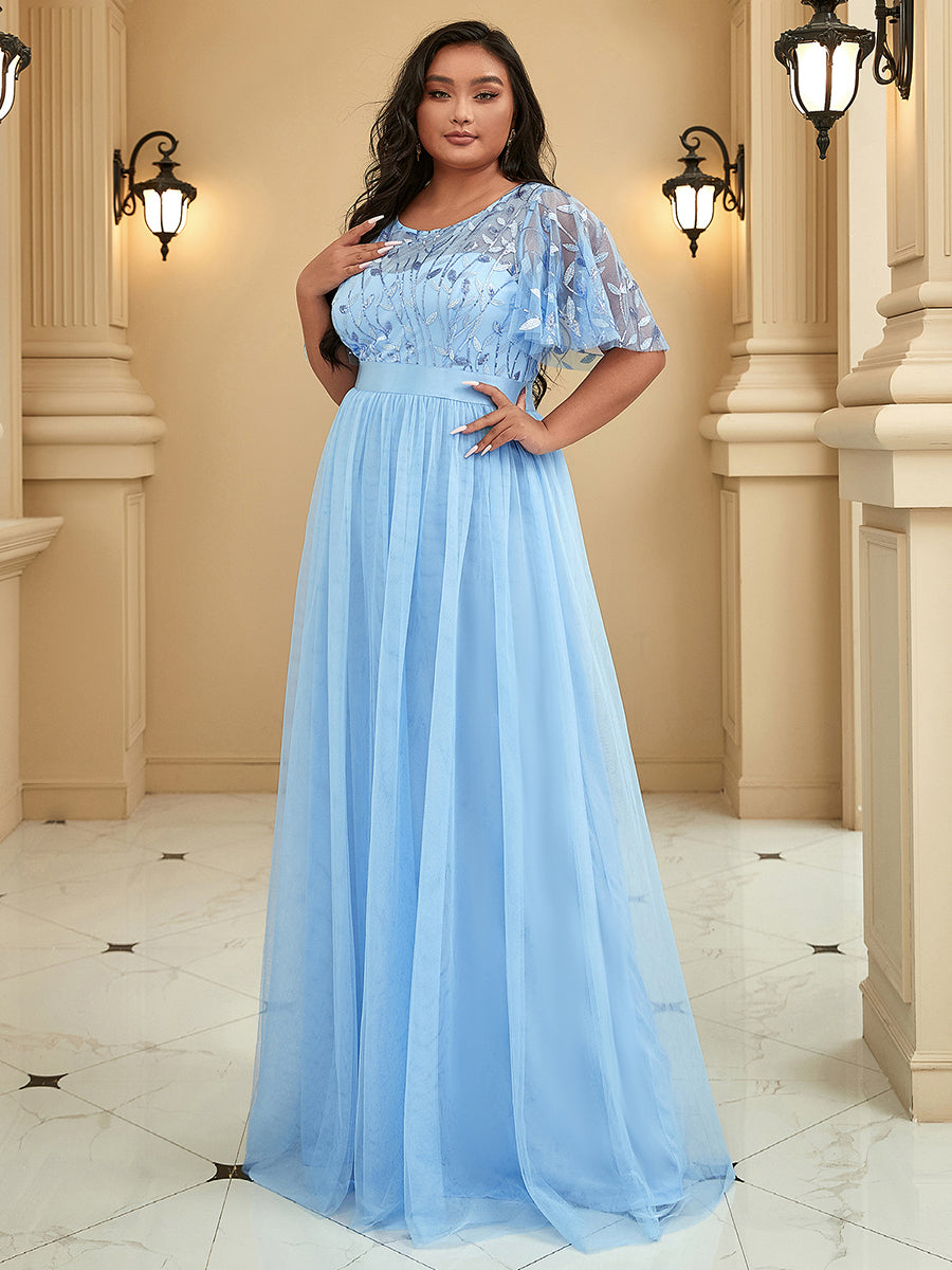 Color=Sky Blue | Sequin Print Plus Size Wholesale Evening Dresses With Cap Sleeve-Sky Blue 1