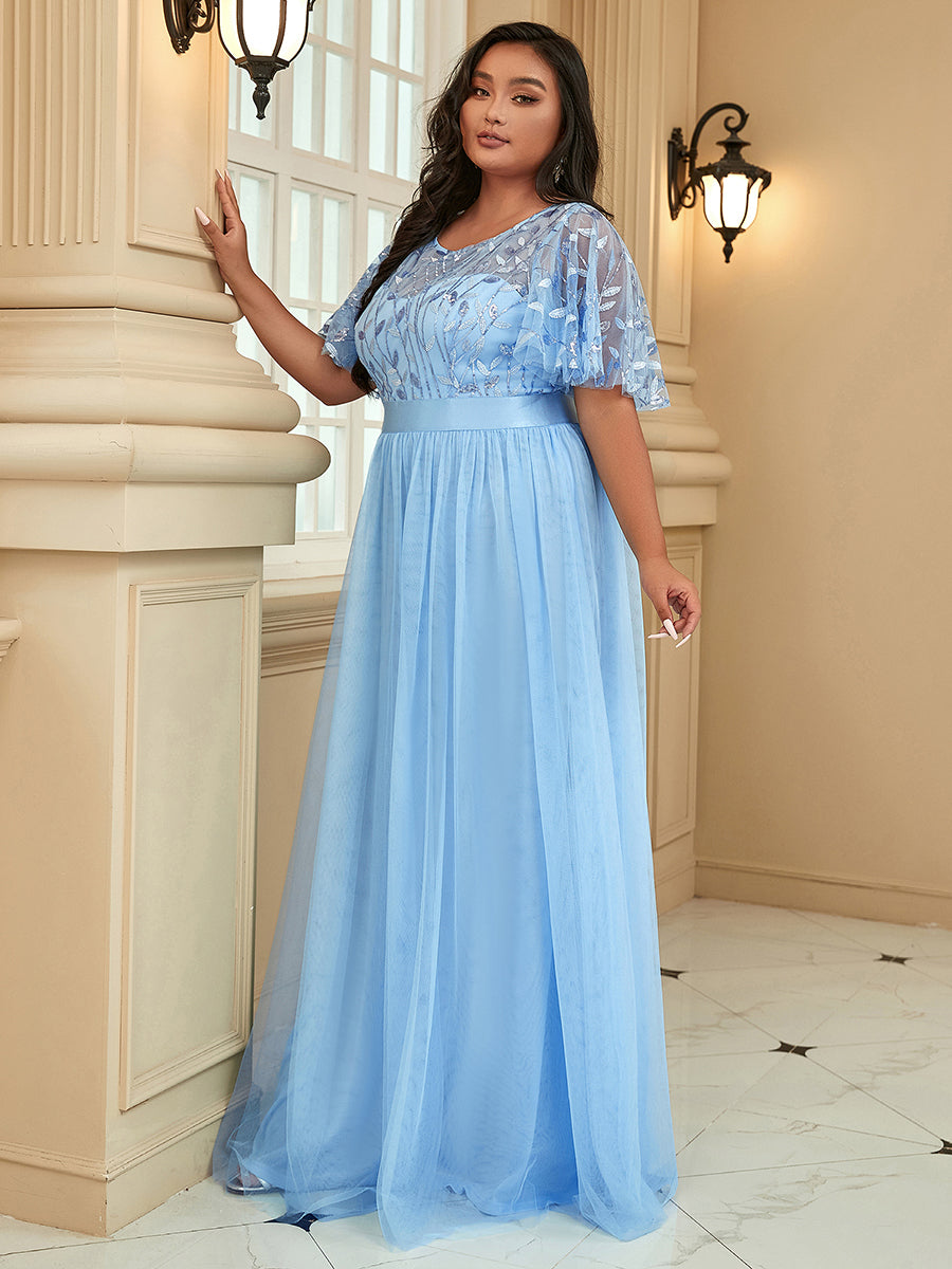Color=Sky Blue | Sequin Print Plus Size Wholesale Evening Dresses With Cap Sleeve-Sky Blue 3